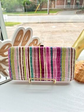 Striped Multicolor Zip-Around Wallet Clutch - Pink & Green